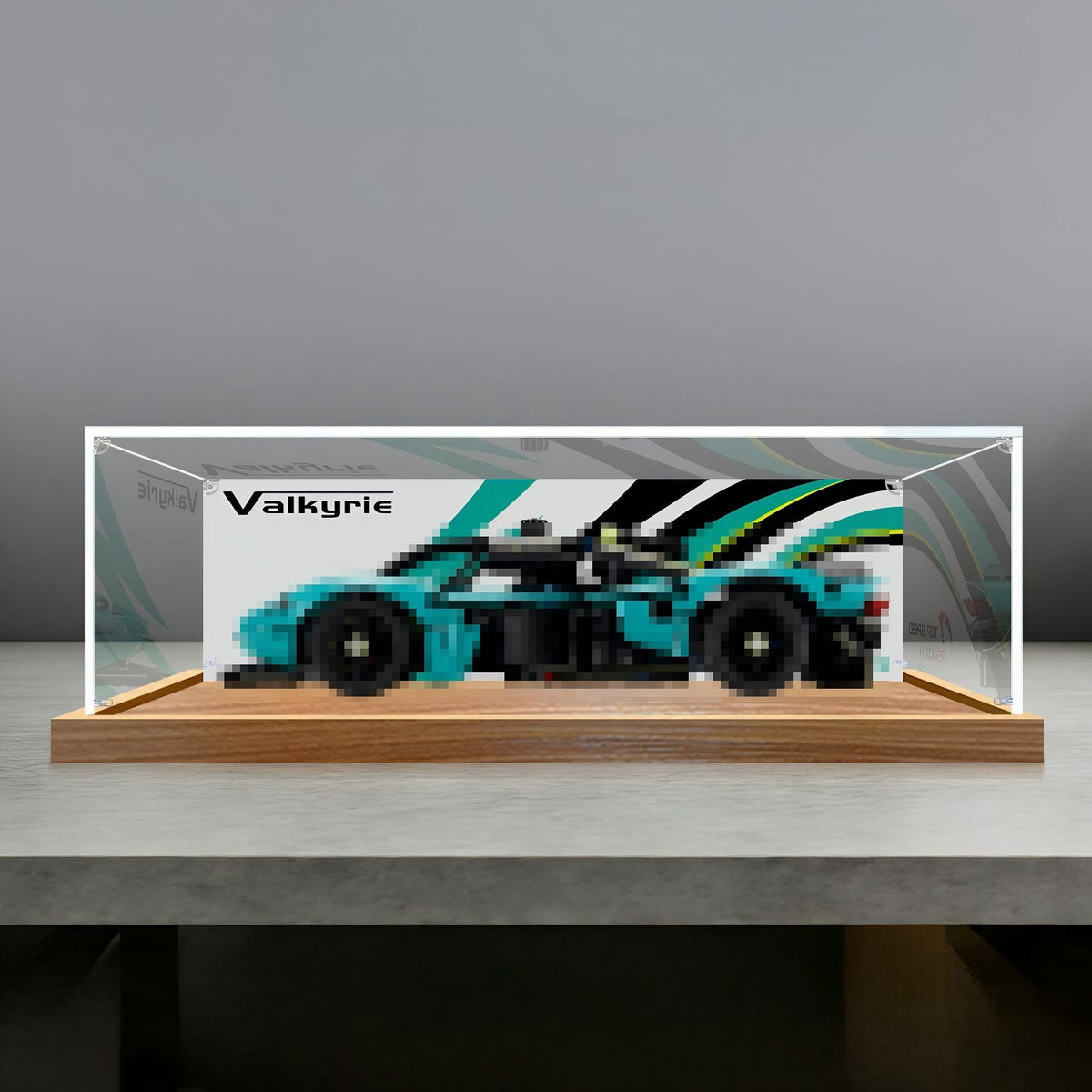 LEGO 42208 Aston Martin Valkyrie Spiegel-Acryl-Vitrine mit Ringlicht & UV-bedrucktem Hintergrund - Staubdichte Präsentationsvitrine