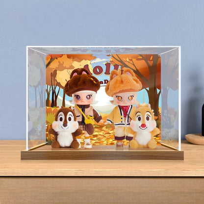 Caixa de Exibição de Acrílico com Espelho para Pop Mart MOLLY Chip 'n Dale com Luz de Anel e Fundo Impresso em UV - Vitrine à Prova de Poeira