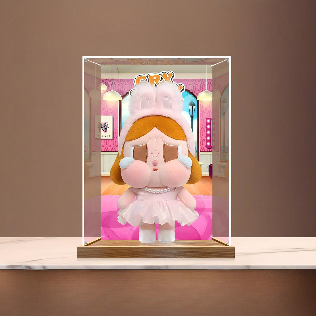 حالة عرض أكريليك مرآة Pop Mart Crybaby مع إضاءة حلقية وخلفية مطبوعة بالأشعة فوق البنفسجية - صندوق عرض مقاوم للغبار