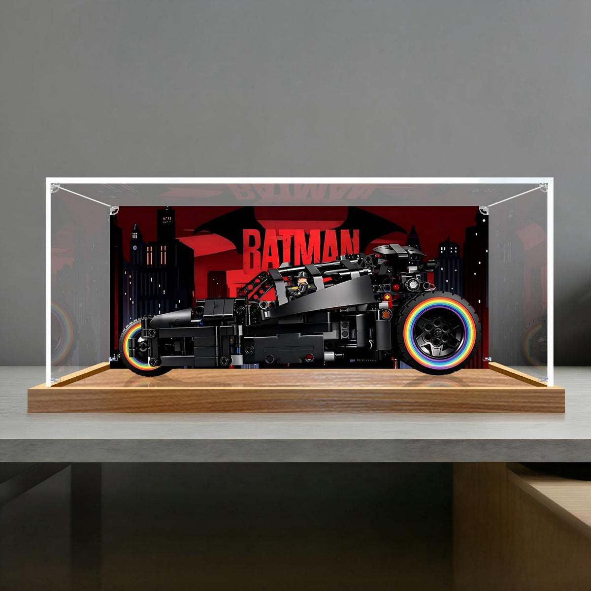 LEGO 42239 Vitrine d'affichage en acrylique miroir pour Batmobile Tumbler avec anneau lumineux et fond imprimé UV - Vitrine anti-poussière