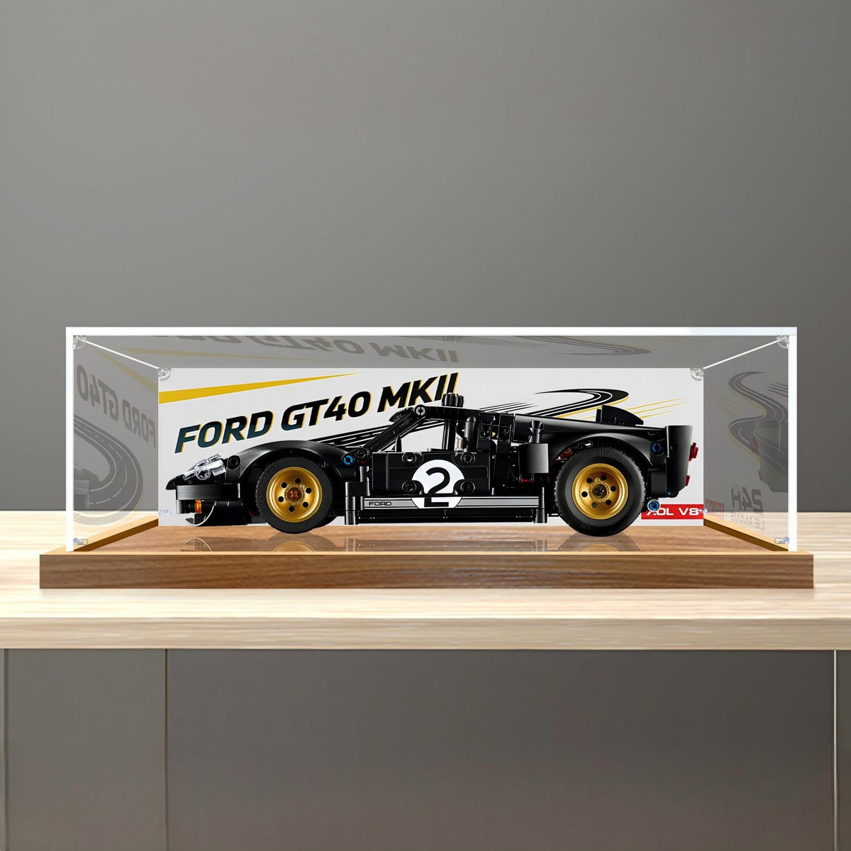 LEGO 42223 1966 Ford GT40 MKII Vitrine de Exibição em Acrílico com Espelho, Luz Anelar e Fundo Impresso em UV - Vitrine à Prova de Poeira