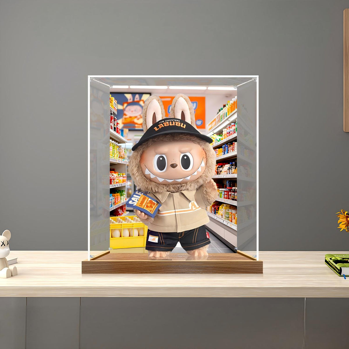 Pop Mart THE MONSTERS LABUBU Spejl Akryl Udstillingsæske med Ringlys & UV-printet Baggrund - Støvtæt Vitrine