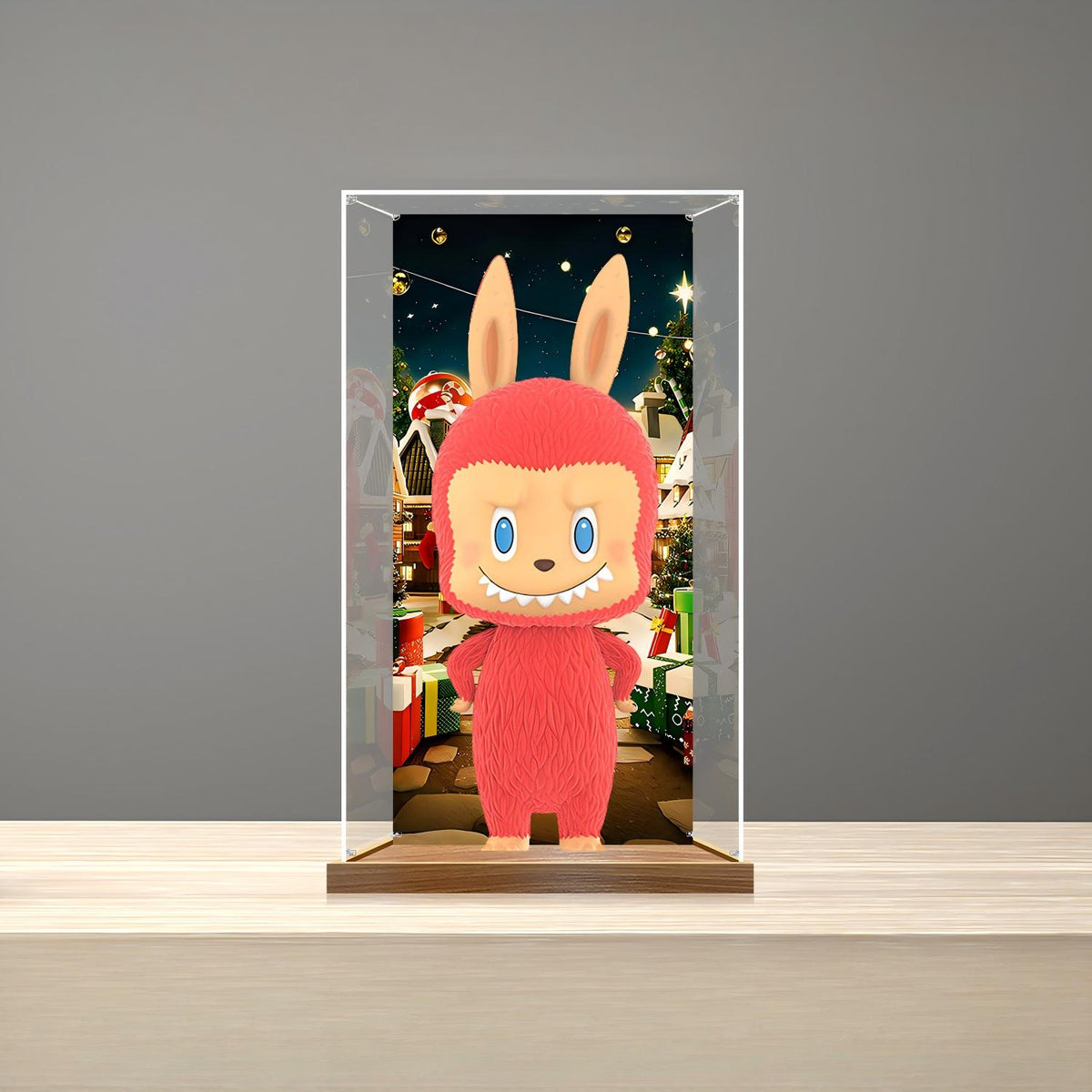 Boîte d'exposition en acrylique avec miroir pour Pop Mart Labubu Holiday, avec anneau lumineux et fond imprimé UV - Vitrine anti-poussière
