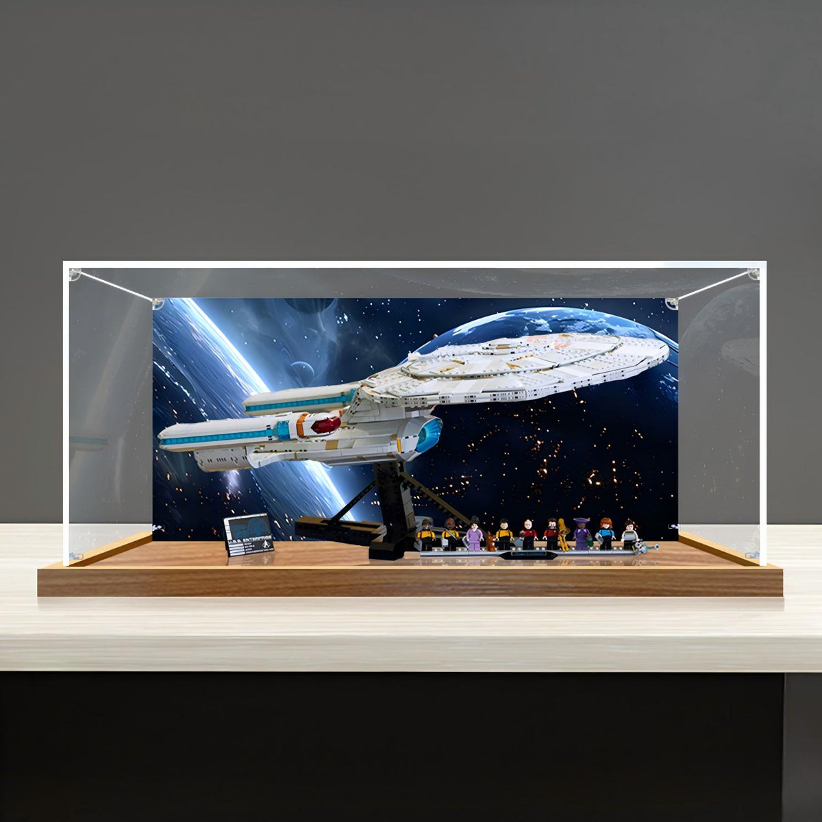 LEGO 10356 U.S.S. Enterprise NCC-1701-D Mirror Acrylic Display Case with Ring Light & UV-Printed Background - Dustproof Showcase