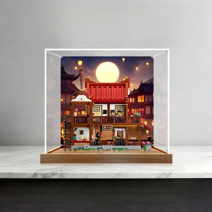 LEGO 80121 Antikes Mondblick-Gasthaus Spiegel-Acryl-Ausstellungsvitrine mit Ringlicht & UV-bedrucktem Hintergrund - Staubdichte Vitrine