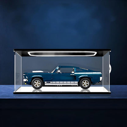 LEGO 10265 Ford Mustang Mirror Acrylic Display Case with Ring Light & UV-Printed Background - Dustproof Showcase