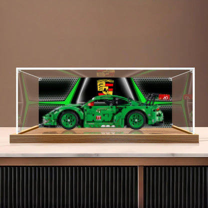 LEGO 42224 Porsche 911 GT3 R REXY AO Racing Vitrine de Exibição em Acrílico Espelhado com Anel de Luz e Fundo Impresso em UV - Vitrine à Prova de Poeira