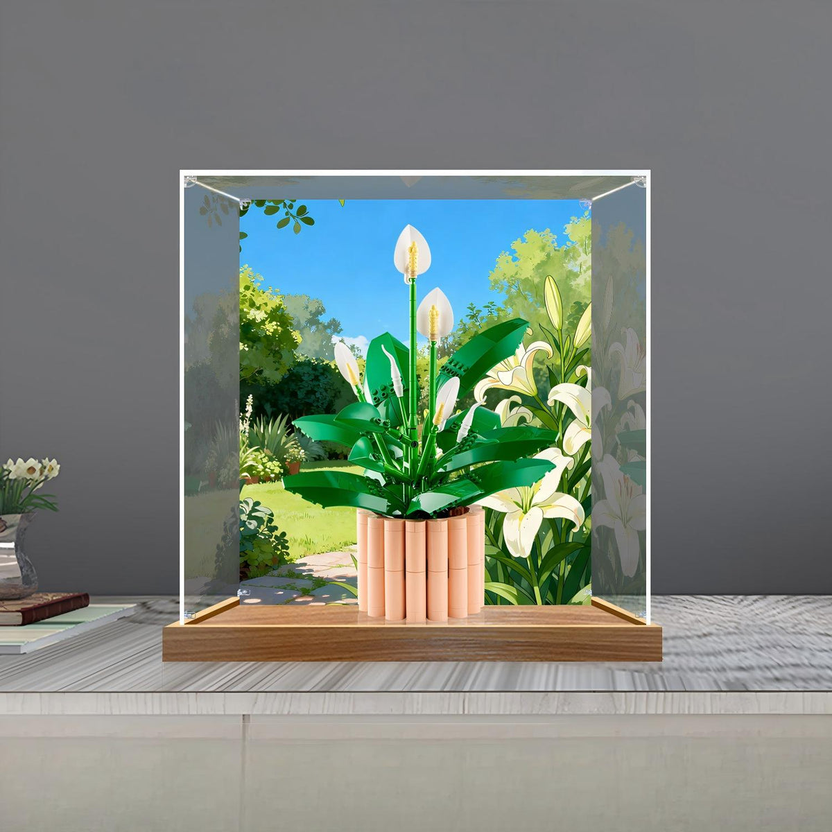 LEGO 11504 Peace Lily Vitrine de Exibição em Acrílico com Espelho, Anel de Luz e Fundo Impresso em UV - Vitrine à Prova de Poeira