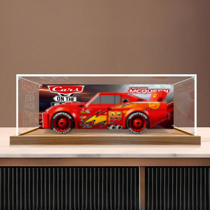 LEGO 77255 Lightning McQueen Vitrine d'affichage en acrylique miroir avec anneau lumineux et fond imprimé UV - Présentoir anti-poussière
