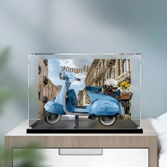 Acrylic Display Case for LEGO 10298 Vespa 125, with Themed Printed Background & Dustproof Box