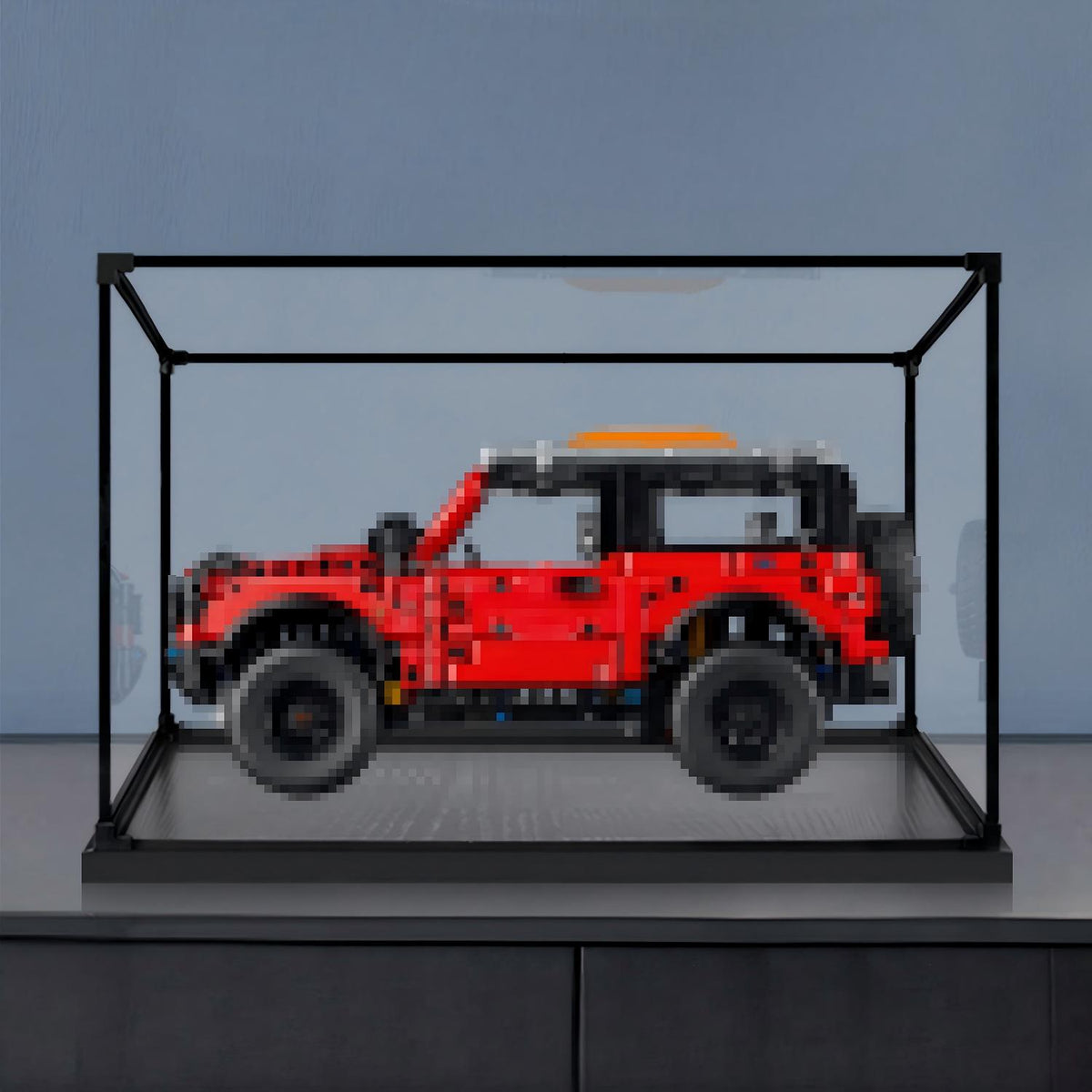 LEGO 42213 Ford Bronco SUV Vitrine de Exibição em Acrílico com Espelho, Anel de Luz e Fundo Impresso em UV - Vitrine à Prova de Poeira