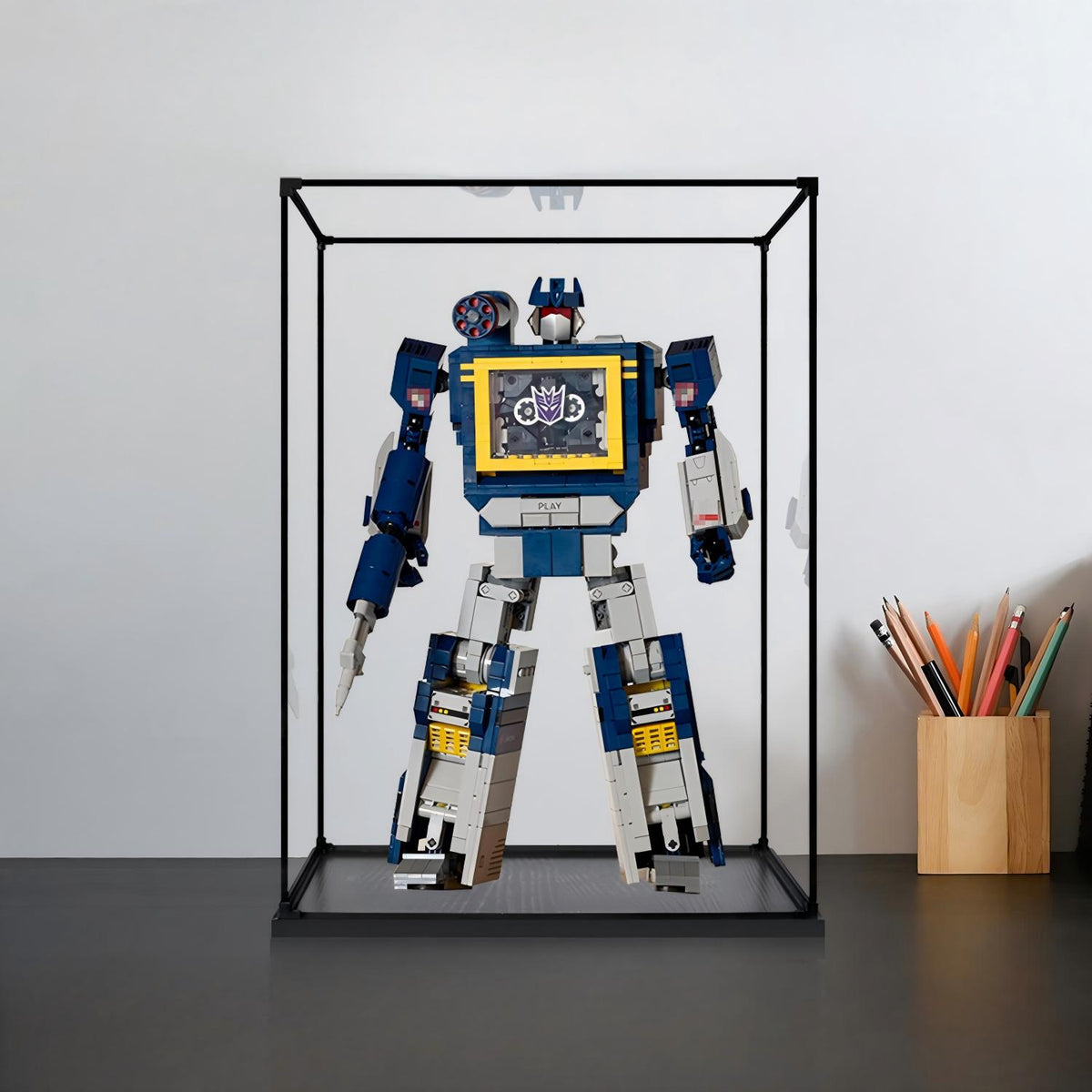 LEGO 10358 Soundwave Mirror Acrylic Display Case with Ring Light & UV-Printed Background - Dustproof Showcase