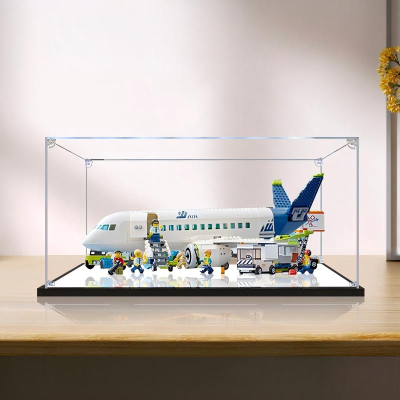 LEGO 60367 Passagierflugzeug-Spiegel-Acryl-Vitrine mit Ringlicht & UV-bedrucktem Hintergrund - Staubdichte Ausstellung
