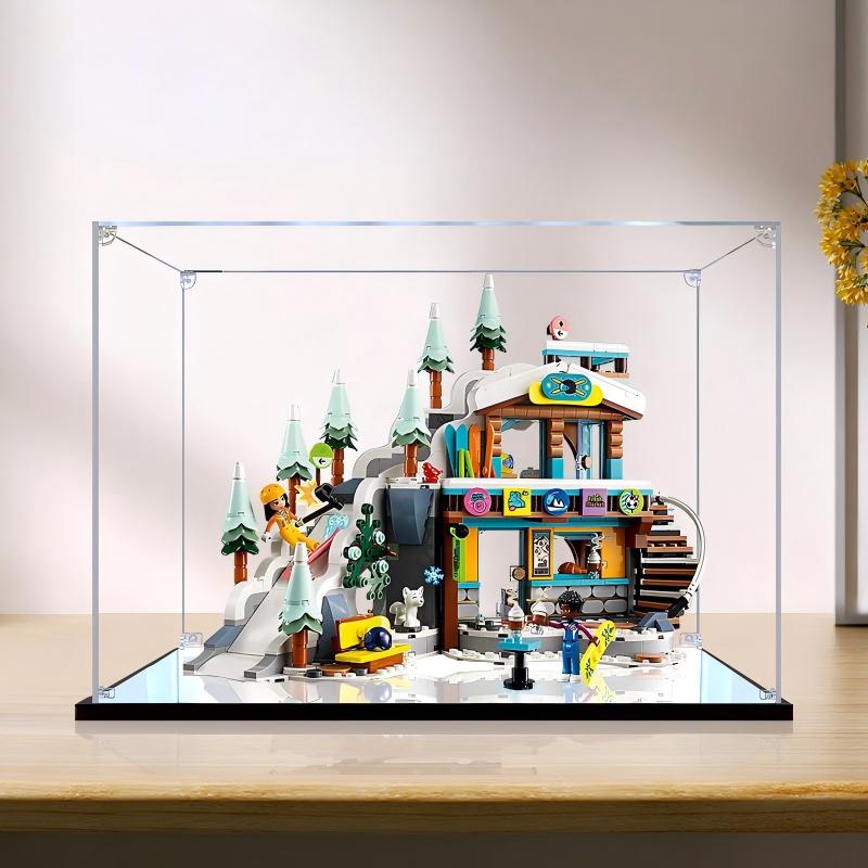 LEGO 41756 Holiday Ski Slope and Café Mirror Acrylic Display Case with Ring Light & UV-Printed Background - Dustproof Showcase