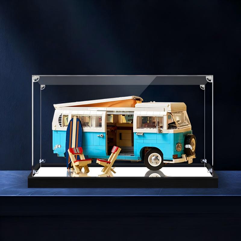 LEGO 10279 Volkswagen T2 Camper Van Spejl Akryl Udstillingskasse med Ringlys & UV-printet Baggrund - Støvtæt Vitrine