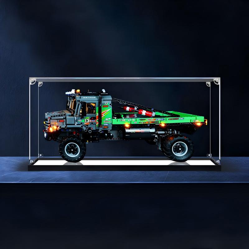 LEGO 42129 4x4 Mercedes-Benz Zetros Trial Truck Mirror Acrylic Display Case with Ring Light & UV-Printed Background - Dustproof Showcase