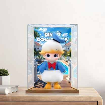 حالة عرض أكريليك مرآة Pop Mart Dimoo Donald Duck مع إضاءة حلقية وخلفية مطبوعة بالأشعة فوق البنفسجية - صندوق عرض مقاوم للغبار