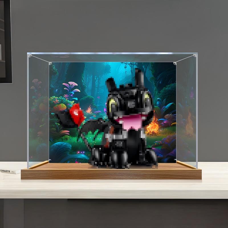 LEGO 10375 驯龙高手：无牙仔 镜面亚克力展示盒 带环形灯和UV印刷背景 - 防尘展示柜