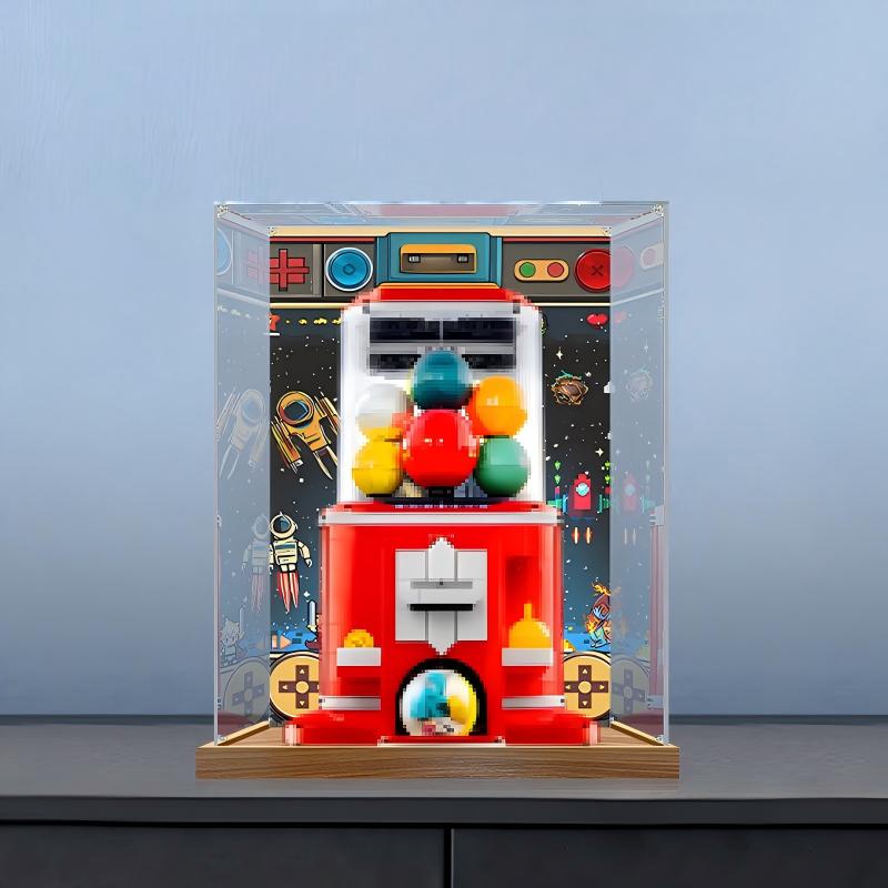 LEGO 21358 Minifigure Vending Machine Mirror Acrylic Display Case with Ring Light & UV-Printed Background - Dustproof Showcase