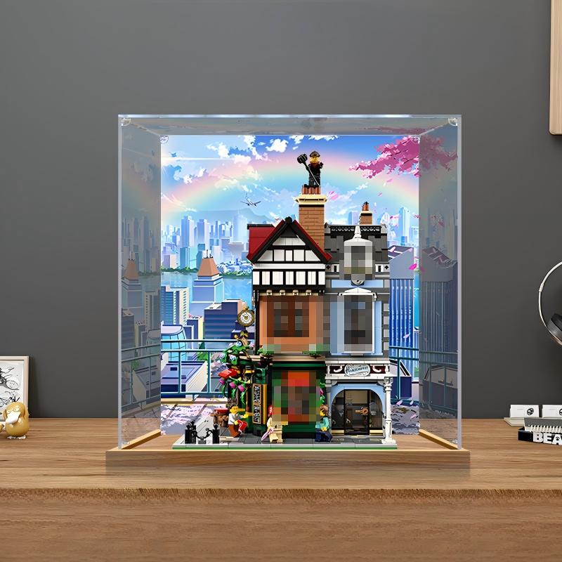 LEGO 10350 علبة عرض أكريليك مرآة تيودور كورنر مع حلقة إضاءة وخلفية مطبوعة بالأشعة فوق البنفسجية - صندوق عرض مقاوم للغبار