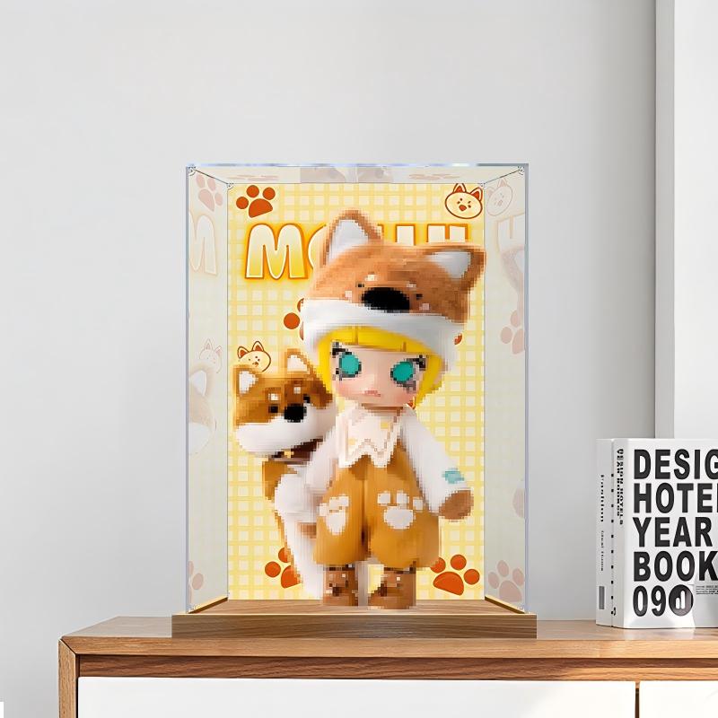 Caixa de Exibição de Acrílico Espelhado para Coleção Pop Mart Molly Shiba Inu com Luz de Anel e Fundo Impresso em UV - Vitrine à Prova de Poeira