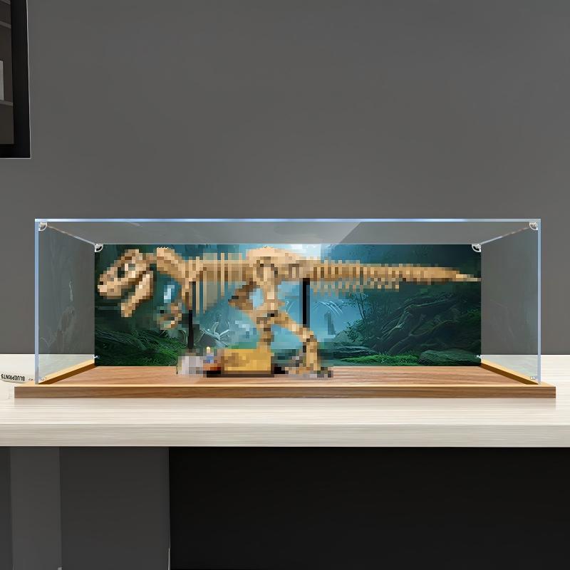 LEGO 76968 Dinosaur Fossils: T. rex Skull Mirror Akryl Display Etui med Ringlys & UV-printet Baggrund - Støvtæt Vitrine