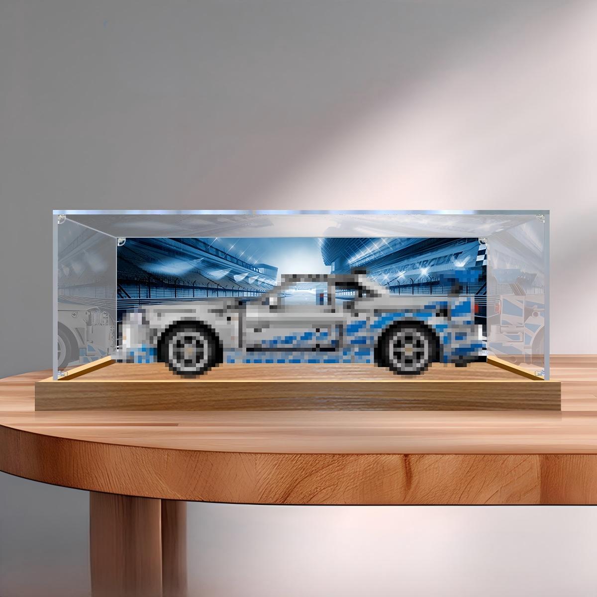 LEGO 42210 2 Fast 2 Furious Nissan Skyline GT-R (R34) Spiegel-Acryl-Vitrine mit Ringlicht & UV-bedrucktem Hintergrund - Staubdichte Präsentationsvitrine