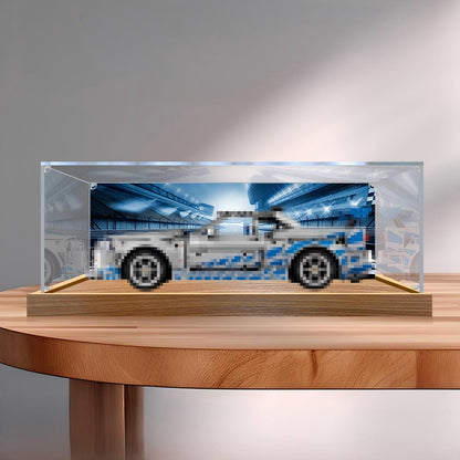 LEGO 42210 2 Fast 2 Furious Nissan Skyline GT-R (R34) Spiegel-Acryl-Vitrine mit Ringlicht & UV-bedrucktem Hintergrund - Staubdichte Präsentationsvitrine