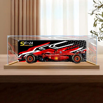 LEGO 42207 Ferrari SF-24 Carro de F1 Vitrine de Exibição em Acrílico com Espelho, Luz Anelar e Fundo Impresso em UV - Vitrine à Prova de Poeira