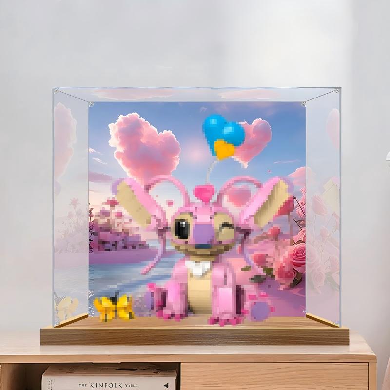 Vetrina Espositiva Acrilica con Specchio per Pop Mart Stitch Romantic Series con Luce ad Anello e Sfondo Stampato UV - Vetrina Antipolvere