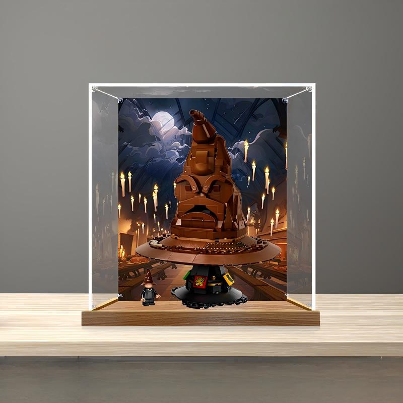 LEGO 76429 Talking Sorting Hat Mirror Acrylic Display Case with Ring Light & UV-Printed Background - Dustproof Showcase