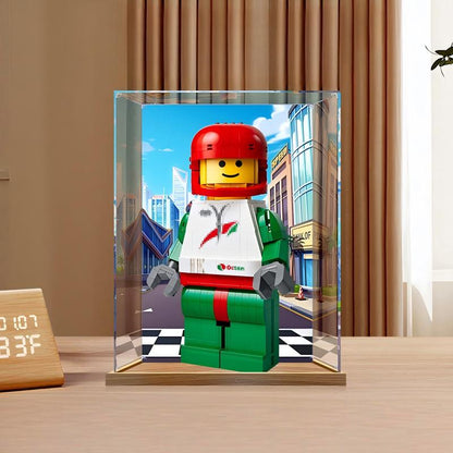 LEGO 40819 سائق سباق مصغر موسّع معروض في علبة عرض أكريليك مرآة مع حلقة إضاءة وخلفية مطبوعة بالأشعة فوق البنفسجية - خزانة عرض مقاومة للغبار
