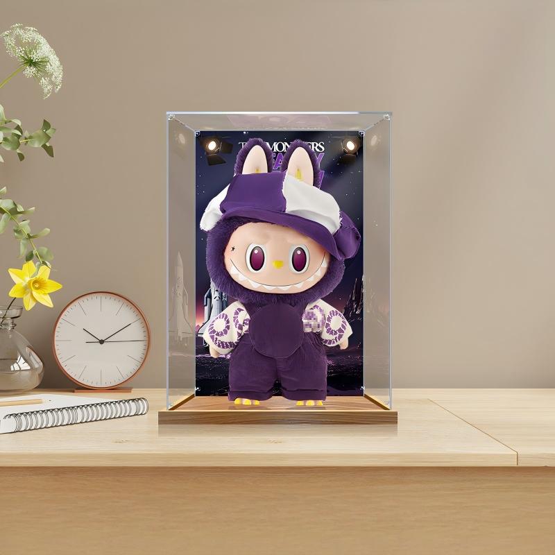 Pop Mart Labubu Space Mirror Acrylic Display Case with Ring Light & UV-Printed Background - Dustproof Showcase