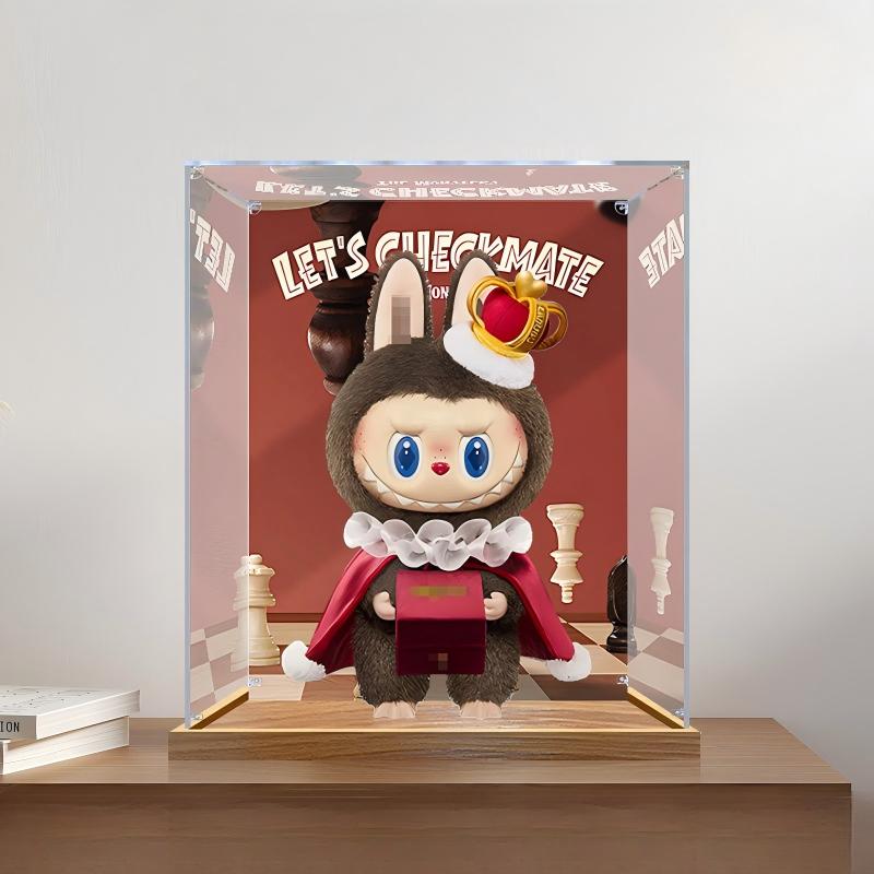 Pop Mart Labubu Checkmate Series Mirror Acrylic Display Case with Ring Light & UV-Printed Background - Dustproof Showcase