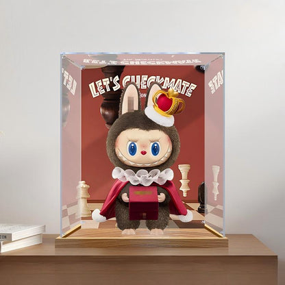 Pop Mart Labubu Checkmate Series Mirror Acrylic Display Case with Ring Light & UV-Printed Background - Dustproof Showcase