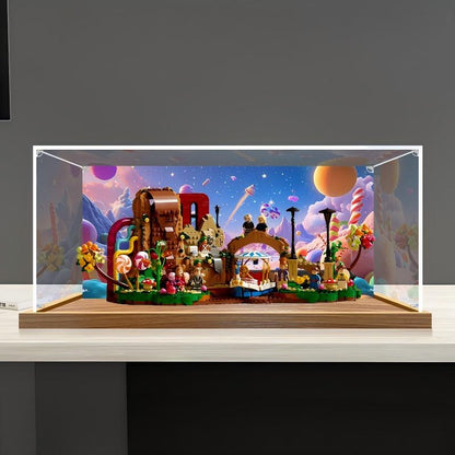 LEGO 21360 Willy Wonka & die Schokoladenfabrik Spiegel-Acryl-Vitrine mit Ringlicht & UV-bedrucktem Hintergrund - Staubdichte Präsentationsvitrine