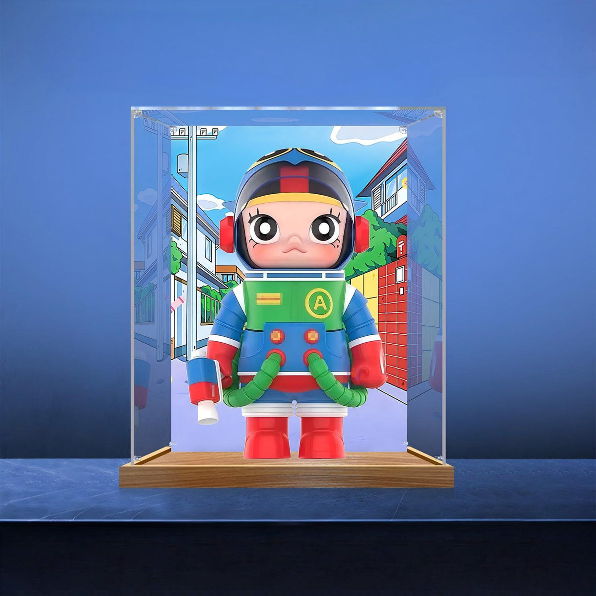 Pop Mart DIMOO系列镜面亚克力展示盒，带环形灯和UV印刷背景 - 防尘展示柜