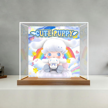 Pop Mart 可爱小狗镜面亚克力展示盒，带环形灯和UV印刷背景 - 防尘展示柜