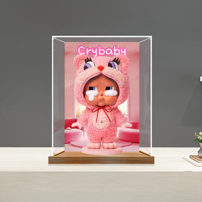 Pop Mart Crybaby 镜面亚克力展示盒，带环形灯和UV印刷背景 - 防尘展示柜
