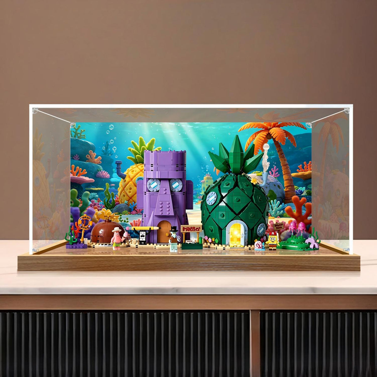 LEGO 11386 SpongeBob Bikini Bottom Spiegel-Acryl-Vitrine mit Ringlicht & UV-bedrucktem Hintergrund - Staubgeschützte Ausstellung