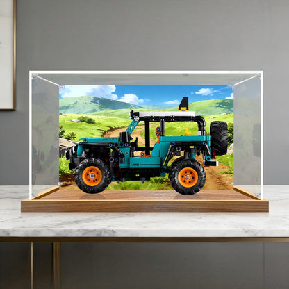 LEGO 42227 Jeep Wrangler Rubicon Mirror Acrylic Display Case with Ring Light & UV-Printed Background - Dustproof Showcase