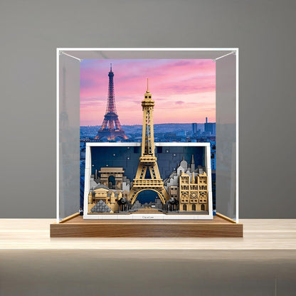 LEGO 21064 Paris - City of Love Mirror Acrylic Display Case with Ring Light & UV-Printed Background - Dustproof Showcase