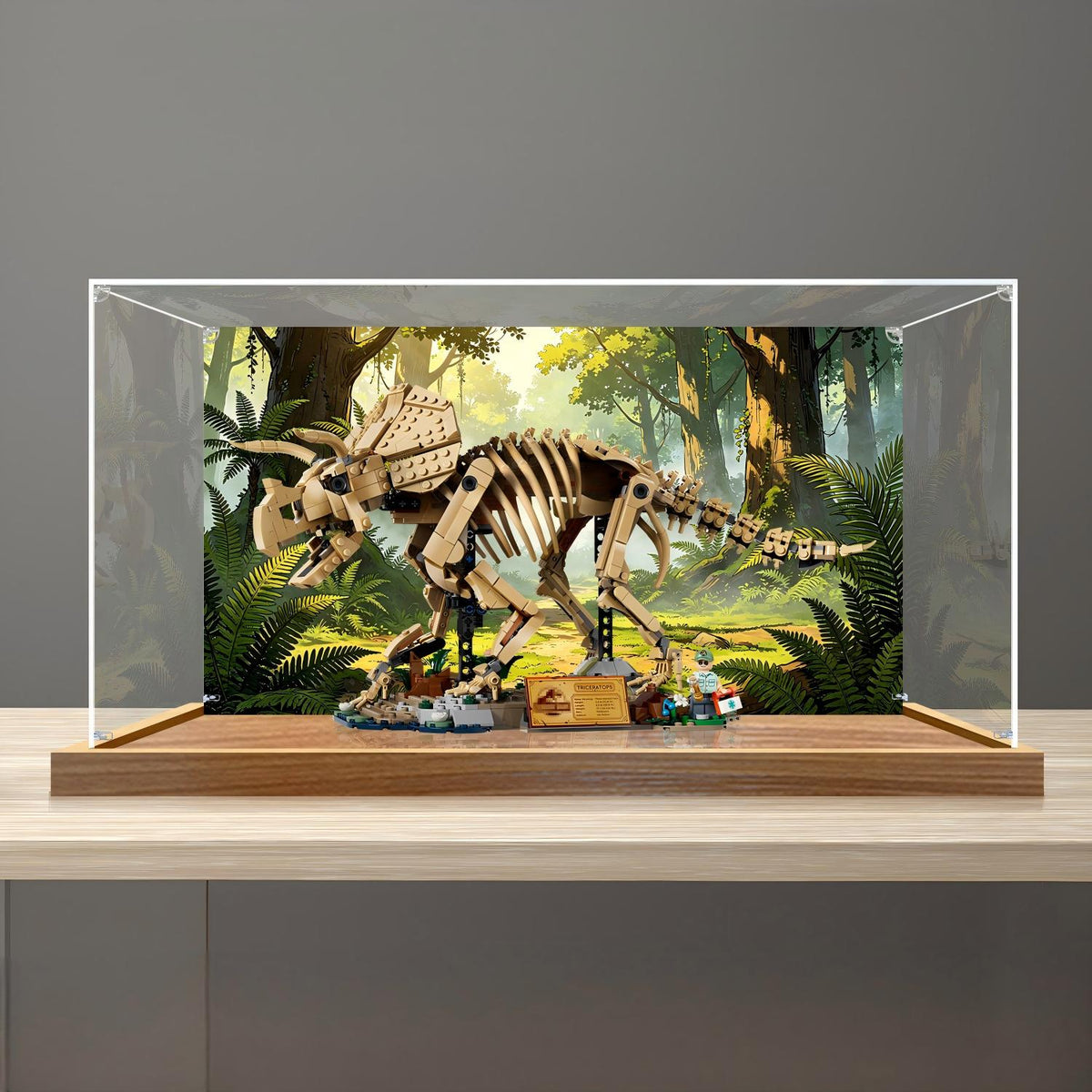 LEGO 77985 Dinosaur Fossils: Triceratops - Vetrina espositiva in acrilico a specchio con anello luminoso e sfondo stampato UV - Espositore antipolvere