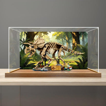 LEGO 77985 Dinosaur Fossils: Triceratops - Vetrina espositiva in acrilico a specchio con anello luminoso e sfondo stampato UV - Espositore antipolvere