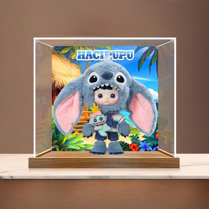 Pop Mart Hacipupu Mirror Acrylic Display Case with Ring Light & UV-Printed Background - Dustproof Showcase