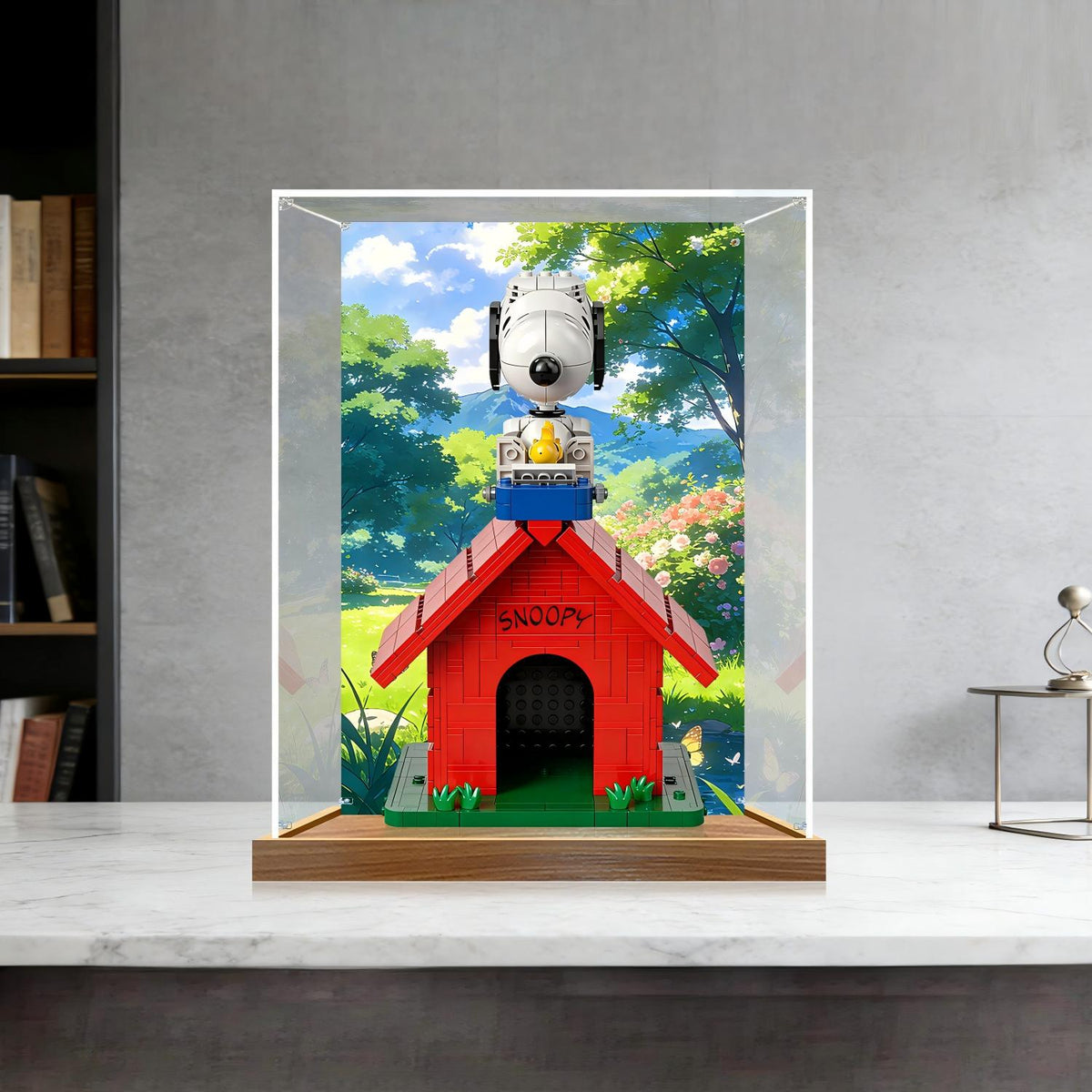 LEGO 21368 Peanuts: Espelho para Casinha do Snoopy com Vitrine de Exibição em Acrílico com Anel de Luz e Fundo Impresso em UV - Vitrine à Prova de Poeira