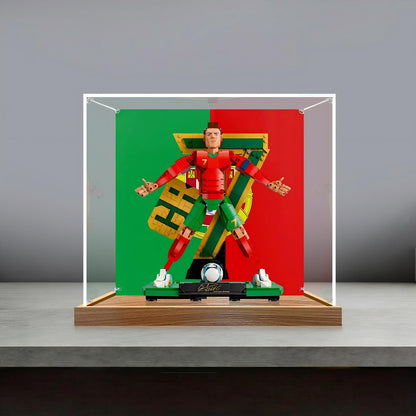 LEGO 43016 Cristiano Ronaldo - Soccer Legend Mirror Acrylic Display Case with Ring Light & UV-Printed Background - Dustproof Showcase