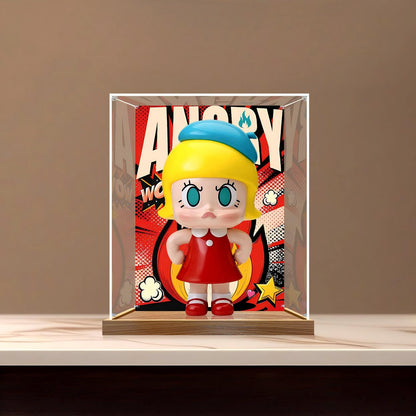 Pop Mart Angry Molly Mirror Acrylic Display Case with Ring Light & UV-Printed Background - Dustproof Showcase