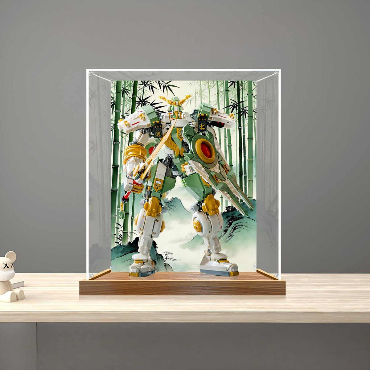 LEGO 71860 Lloyd's Titan Mech Spiegel-Acryl-Vitrine mit Ringlicht & UV-bedrucktem Hintergrund - Staubdichte Präsentationsvitrine