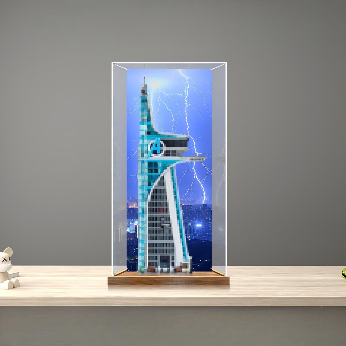 LEGO 76269 Avengers Tower Mirror Acrylic Display Case with Ring Light & UV-Printed Background - Dustproof Showcase